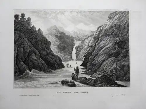 Die Quelle des Jumna - Yamuna Jamuna Quelle spring India Indien Ansicht view Stahlstich steel engraving antiqu