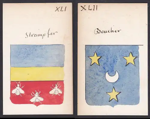 Boucher / Strampfer - Boucher Strampfer Frankreich France Wappen Adel coat of arms heraldry Heraldik Aquarell