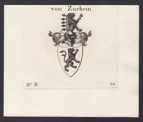 Von Zurhein - Zu Rhein Rheinland Wappen Adel coat of arms heraldry Heraldik Kupferstich antique print