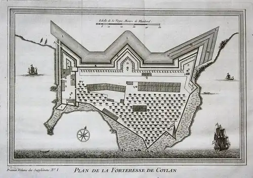 Plan de la Forteresse de Coylan - Kollam Kerala Indien India map view plan fort Kupferstich antique print