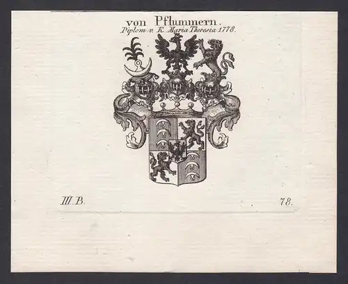 Von Pflummern. Diplom v. K. Maria Theresia 1778 - Pflummern Wappen Adel coat of arms heraldry Heraldik Kupfers