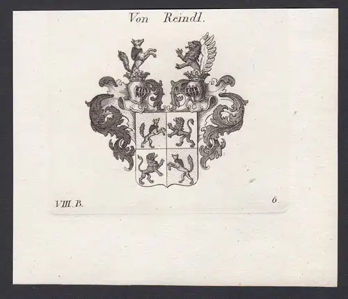 Von Reindl - Reindl Reindel Wappen Adel coat of arms heraldry Heraldik Kupferstich antique print
