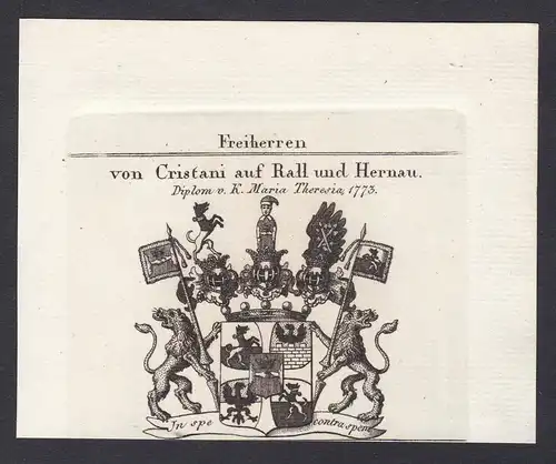 Freiherren von Cristani auf Rall und Hernau. Diplom v. K. Maria Theresia 1773. - Herrnau Rall Cristani Wappen