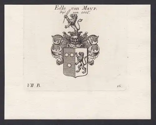 Edle von Mayr. Dipl. von 1801 - Mayr Mayer Maier Wappen Adel coat of arms heraldry Heraldik Kupferstich antiqu