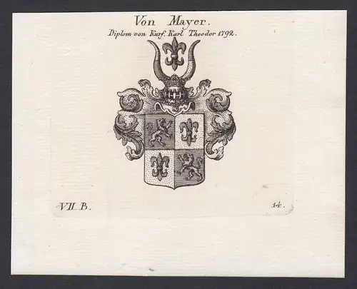 Von Mayer. Diplom von Kurf. Karl Theodor 1792 - Mayer Maier Mayr Wappen Adel coat of arms heraldry Heraldik Ku