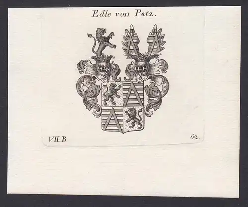Edle von Patz - Patz Wappen Adel coat of arms heraldry Heraldik Kupferstich antique print