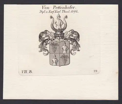 Von Pettenkofer. Dipl. v. Kurf. Karl Theod. 1792 - Pettenkofer Wappen Adel coat of arms heraldry Heraldik Kupf