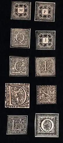 Konvolut von 10 Ornament Kupferstich-Buchstaben ornament letters antique print gravure copper engraving