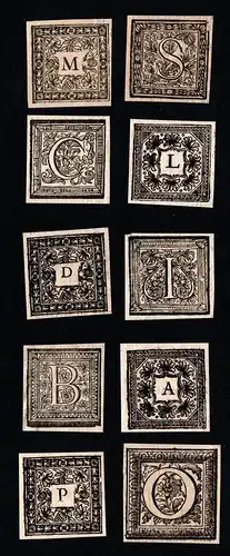 Konvolut von 10 Ornament Kupferstich-Buchstaben A, I, L, O, M, B, S, D, C, P ornament letters antique print gr