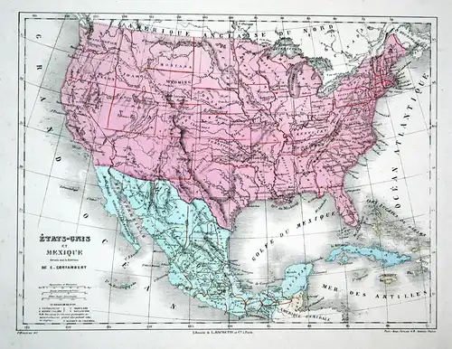 Etats-Unis et Mexique - America Amerika Mexico Mexiko Weltkarte Karte world map Lithographie lithograph Litho