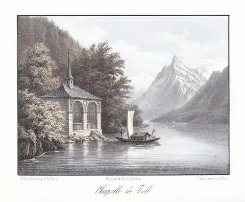 Chapelle de Tell - Tellskapelle Kanton Uri Panorama Ansicht vue Farblithographie Lithographie Suisse Schweiz