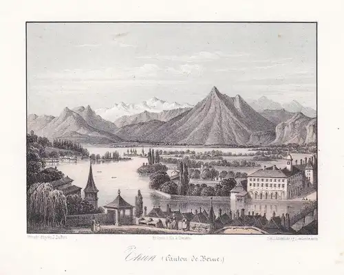 Chun. (Canton de Berne.) - Kanton Bern Panorama Ansicht vue Farblithographie Lithographie Suisse Schweiz