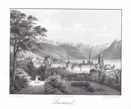 Lausanne - Lausanne Panorama Ansicht vue Farblithographie Lithographie Suisse Schweiz
