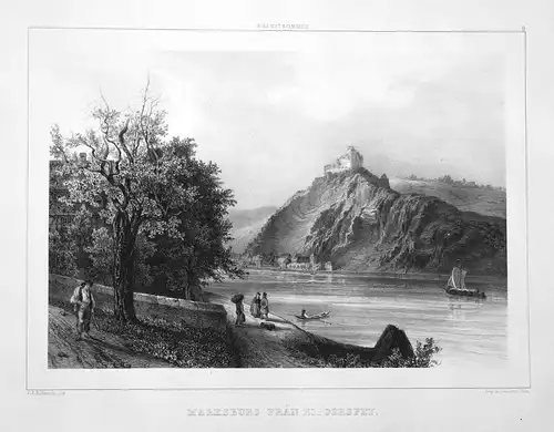 Marksburg fran Niederspey - Marksburg Braubach Rhein Burg Höhenburg Lithographie lithograph Litho