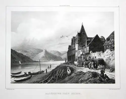 Marksburg fran Rhens - Marksburg Braubach Burg Rhein Rheinland-Pfalz Lithographie lithograph Litho