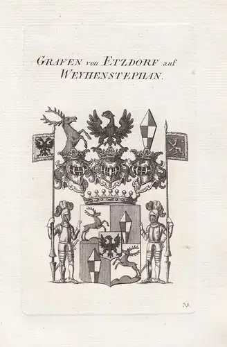 Grafen von Etzdorf auf Weyhenstephan - Etzdorf Wappen coat of arms Kupferstich copper engraving antique print