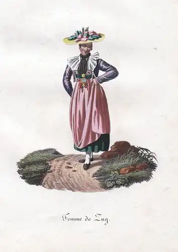 Femme de Zug - Trachten Costumes Frau Schweiz Suisse Kupferstich antique print