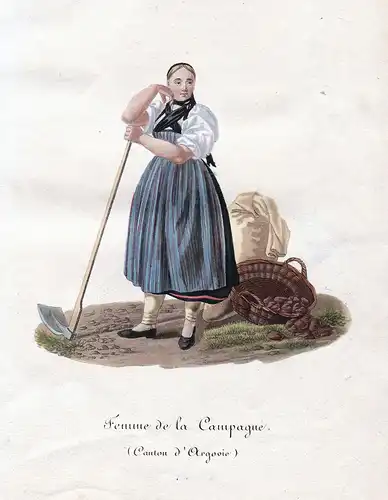 Femme de la Campagne (Canton d'Argovie) - Trachten Costumes Bäuerin Aargau Schweiz Suisse Kupferstich antique