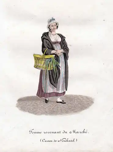 Femme revenant du Marche (Canton de Neuchatel) - Trachten Costumes Frau Kanton Neuenburg Schweiz Suisse Kupfer