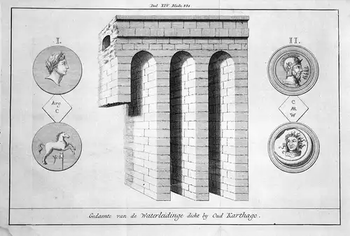 Gedaente van de Waterleidinge - Viadukt Aquädukt Aqueduct Carthage Karthago Tunesien Tunesia Kupferstich antiq