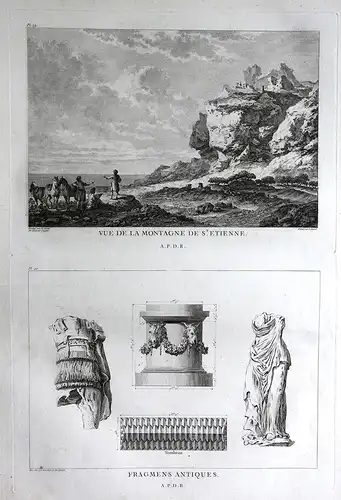 Vue de la montagne de St. Etienne / Fragmens antiques - Saint-Etienne vue Ansicht gravure Kupferstich antique