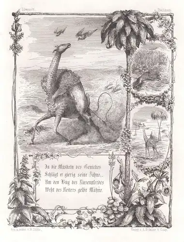 In die Muskeln des Genickes .. - Löwenritt Löwe Giraffe Jagd Gedicht Radierung etching