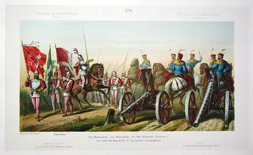 Die Mannschaft von Neuenstadt mit den eroberten Kanonen. I. - Neuenstadt Kanonen Fahnen Festzug Schlacht bei M