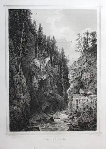 Sasa Plana - Graubünden Schweiz Svizzera Fluss Brücke Felsen gravure Stahlstich