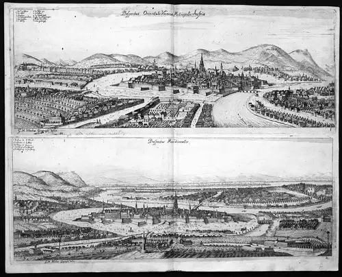 Prospectus orientalis Viennae Metropolis Austriae - Wien Ansicht Gesamtansicht Donau Kupferstich antique print