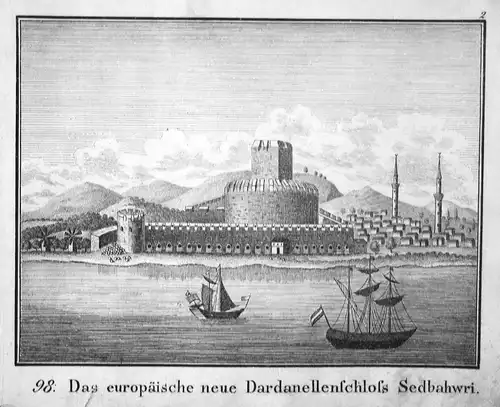 Das europäische neue Dardanellenschloss Sedbahwri - Dardanellen Schloss Meerenge Sedbahwri Lithographie antiqu