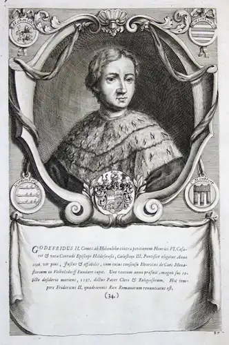 Godefridus II - Gottfried II Bischof Würzburg Portrait Kupferstich engraving
