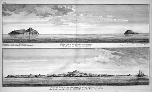 Gezigt van 2 der Ladrones Eilanden - Saipan Mariana Islands Ansicht coast Küste Kupferstich antique print