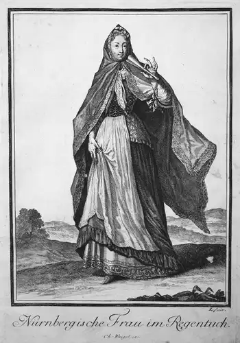 Nürnbergische Frau im Regentuch - Nürnberg Trachten costumes Kupferstich antique print