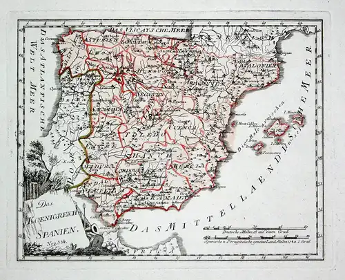 Das Koenigreich Spanien - Spanien Spain Portugal Madrid Granada map Karte Reilly engraving Kupferstich