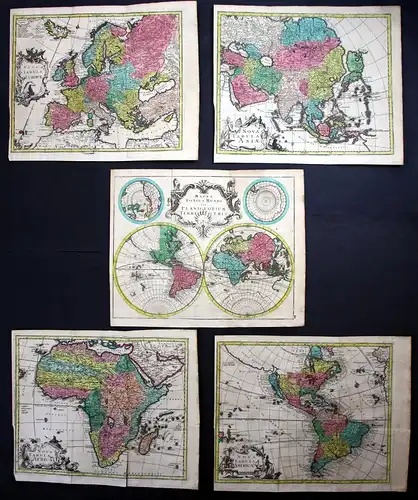 World Map and 4 continents - set of 5 engraved handcolored maps. - Mappa Totius Mundi vel Planiglobium Terrest