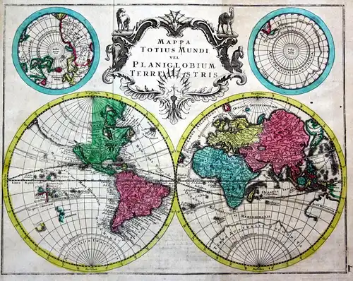 World Map and 4 continents - set of 5 engraved handcolored maps. - Mappa Totius Mundi vel Planiglobium Terrest