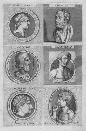 Ariarathes Rex - Carneades - Cynegirus - Demostenes - Demetrius Rex - Hellen - Antike antiquitiy etching Kupfe