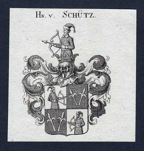 Hn. v. Schütz - Schuetz Schütz von Pansdorf Schütz von Bahnsdorf Wappen Adel coat of arms Kupferstich  hera