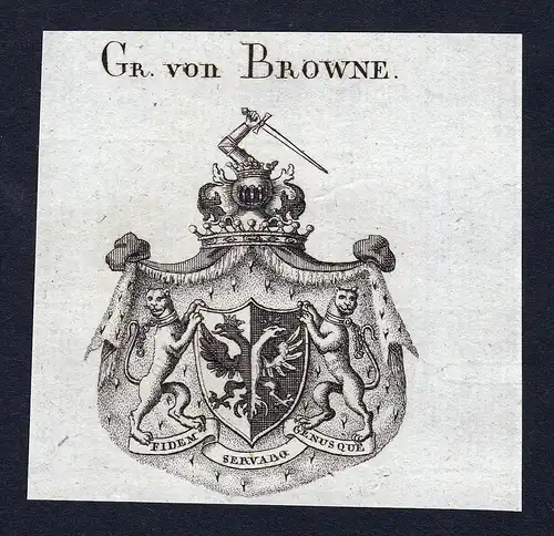 Gr. von Browne - Browne Wappen Adel coat of arms Kupferstich  heraldry Heraldik