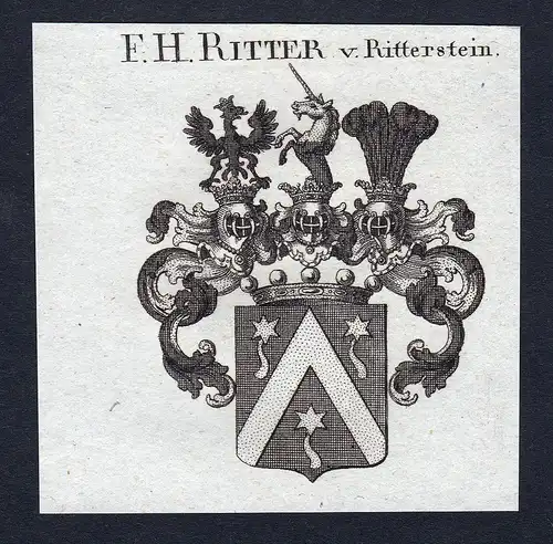 F.H. Ritter v. Ritterstein - Ritter von Ritterstein Wappen Adel coat of arms Kupferstich  heraldry Heraldik