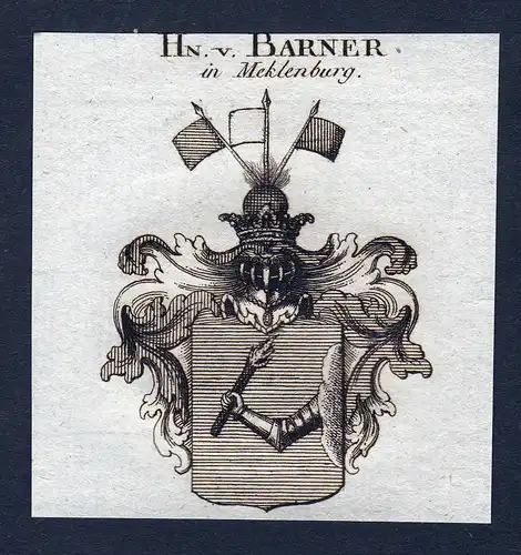 Hn. v. Barner in Meklenburg - Barner Mecklenburg Wappen Adel coat of arms Kupferstich  heraldry Heraldik