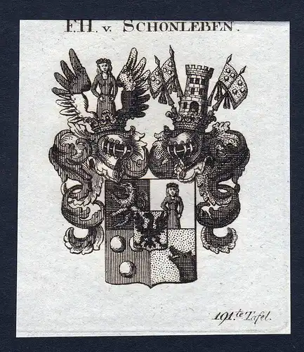 F.H. v. Schonleben - Schonleben Wappen Adel coat of arms Kupferstich  heraldry Heraldik