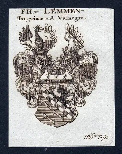 F.H. v. Lemmen - Tongrinne und Valnegra - Lemmen Tongrinne Valnegra Wappen Adel coat of arms Kupferstich  hera