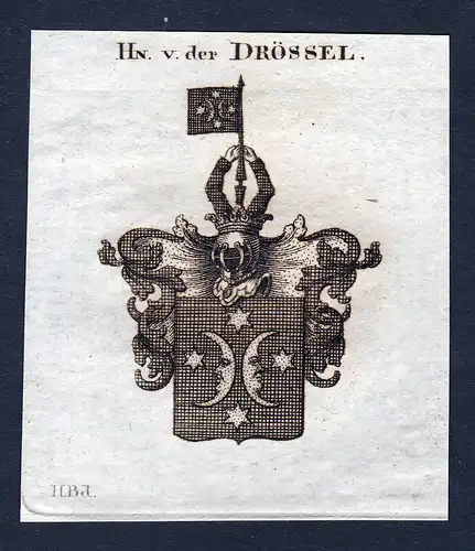 Hn. v. der Drössel - Drössel Droessel Wappen Adel coat of arms Kupferstich  heraldry Heraldik