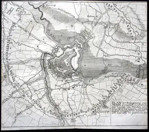 Plan der Belagerung von Menin Anno 1706 - Menen Meenen Menin Belgique Belgien bataille gravure carte Karte map
