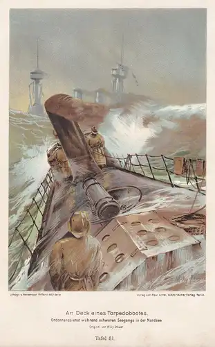 An Deck eines Torpedobootes. Ordannanzdienst während schweren Seegangs in der Nordsee.
