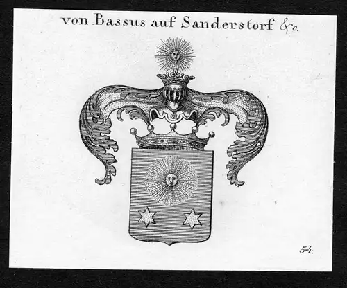 Von Bassus auf Sanderstorf - Bassus Sandersdorf Wappen Adel coat of arms Kupferstich  heraldry Heraldik