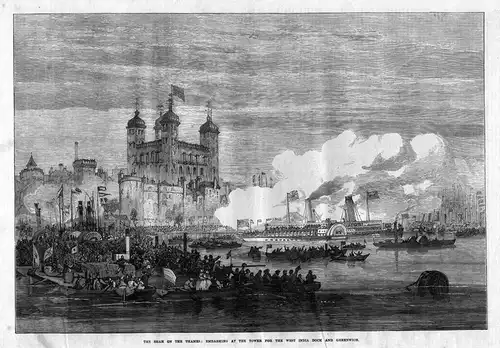 The shah on the Thames: Embarking at the tower for the West India Dock and Greenwich. / England / king / river