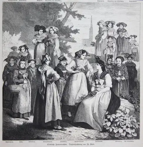 Klassische Frauentrachten. Originalzeichnung von Th. Piris.