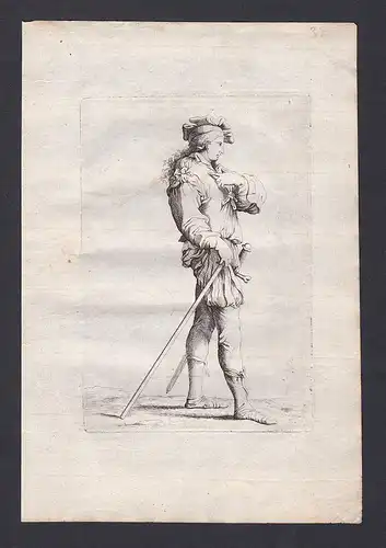 Seltene Original-Radierung von einem Soldaten mit Stab und Schwert / rare original etching of soldiers - Kupfe